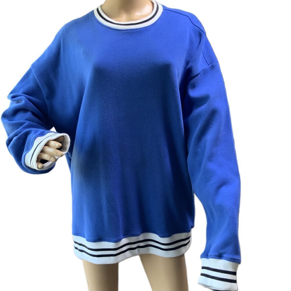 EDGAR + ASH Blue Striped Trim Crew Neck Academia Pullover Sweatshirt Extra Large